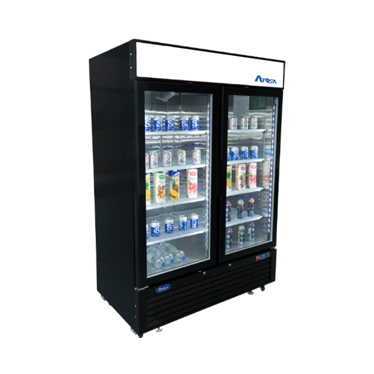 A side view of Atosa's Black Cabinet Two (2) Glass Door Merchandiser Cooler