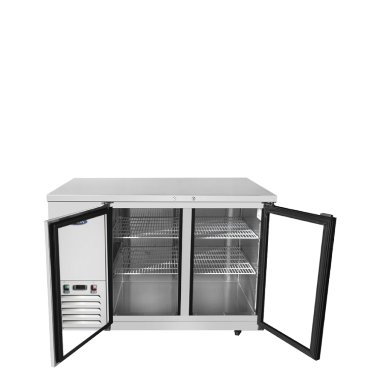 A front view of Atosa's 48" Shallow Depth Back Bar Cooler with Glass Doors with the doors open