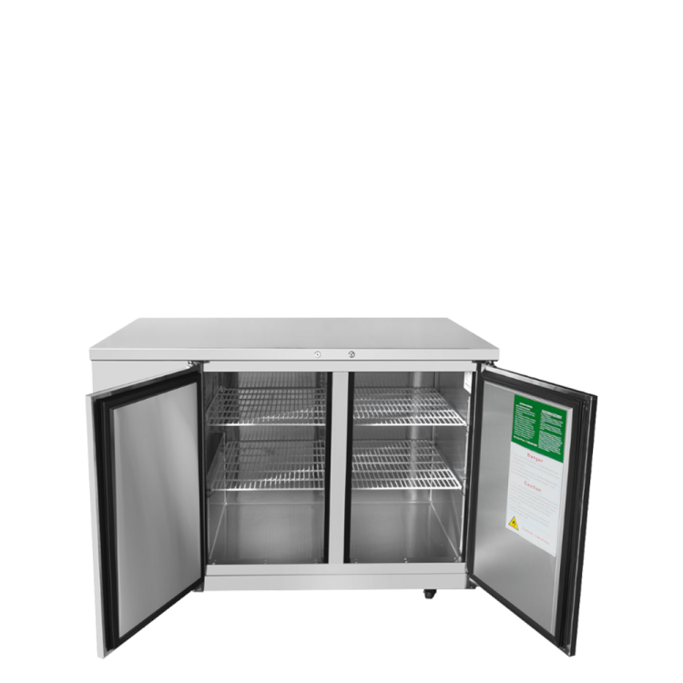 A front view of Atosa's 48" Shallow Depth Back Bar Cooler with the doors open