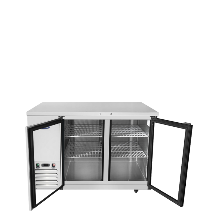 A front view of Atosa's 59" Shallow Depth Back Bar Cooler with Glass Doors with the doors open