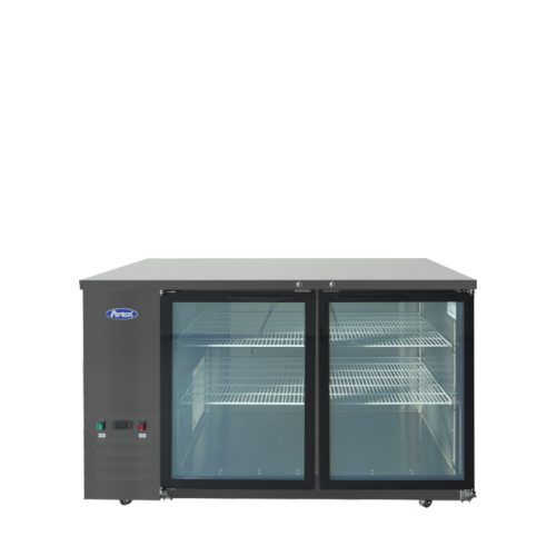 A front view of Atosa's 59" Black Shallow Depth Back Bar Cooler with Glass Doors