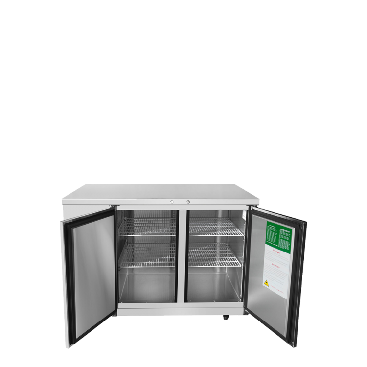 A front view of Atosa's 59" Shallow Depth Back Bar Cooler with the doors open