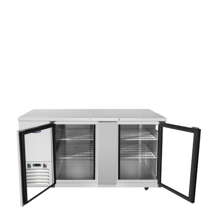 A front view of Atosa's 69" Shallow Depth Back Bar Cooler with Glass Doors with the doors open