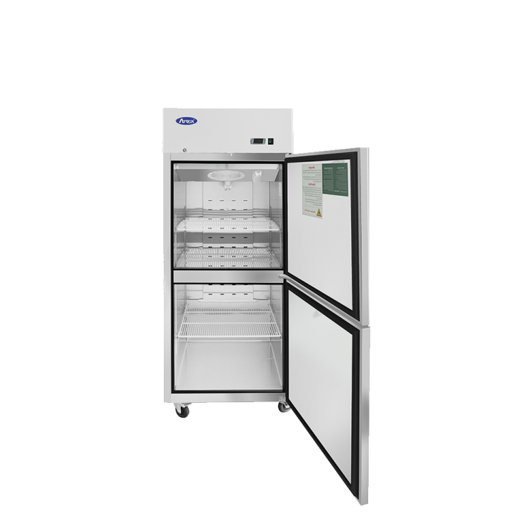 A front view of Atosa's top mount freezer with half doors open