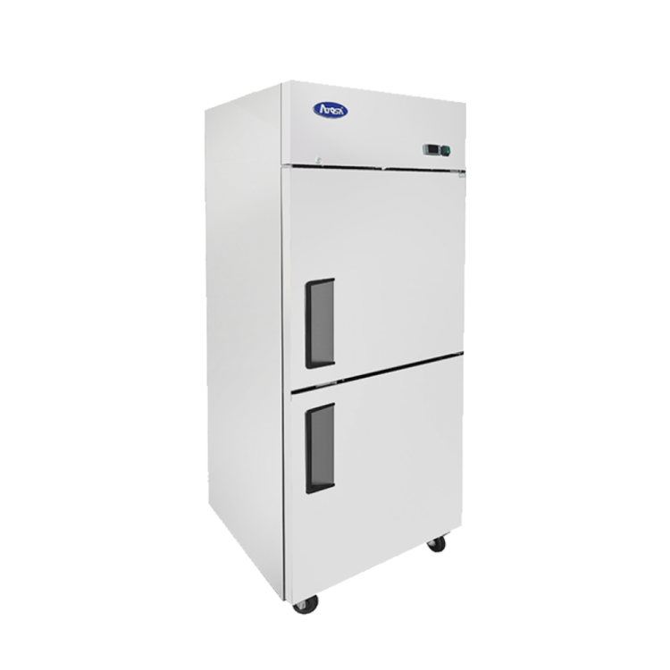 A left side view of Atosa's top mount half door freezer