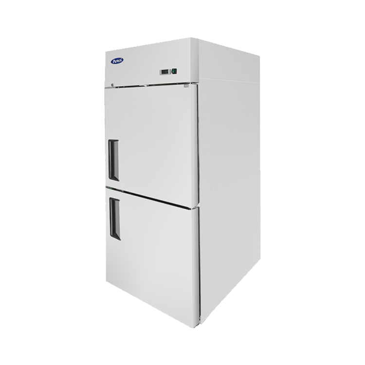 A right side view of Atosa's top mount half door freezer