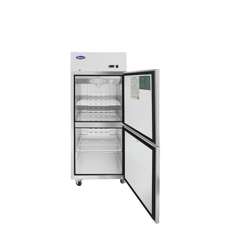 A front view of Atosa's top mount refrigerator with half doors