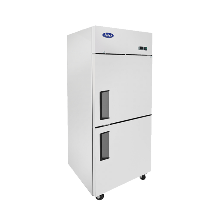 A left side view of Atosa's top mount refrigerator with half doors