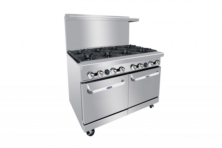 An angled view of CookRite's 48" Gas Range with Eight (8) Open Burners