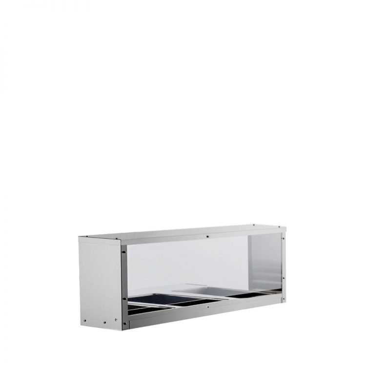 A left side view of MixRite's over shelf for electric steam table